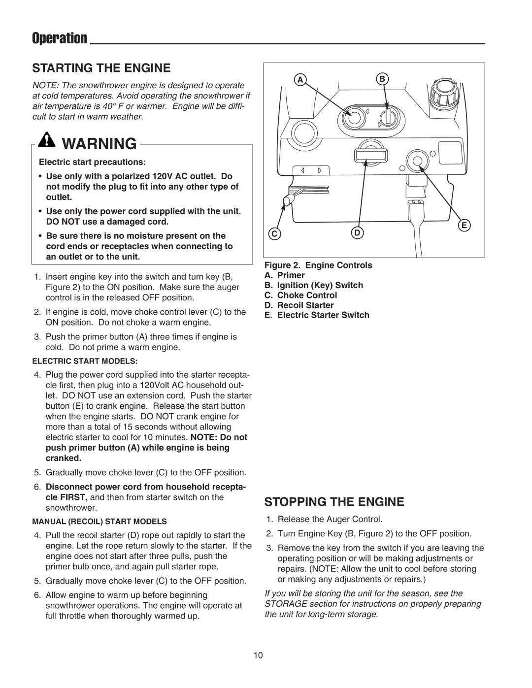 Simplicity 1694382 319M, 1694383 319E instruction sheet Starting the Engine, Stopping the Engine 