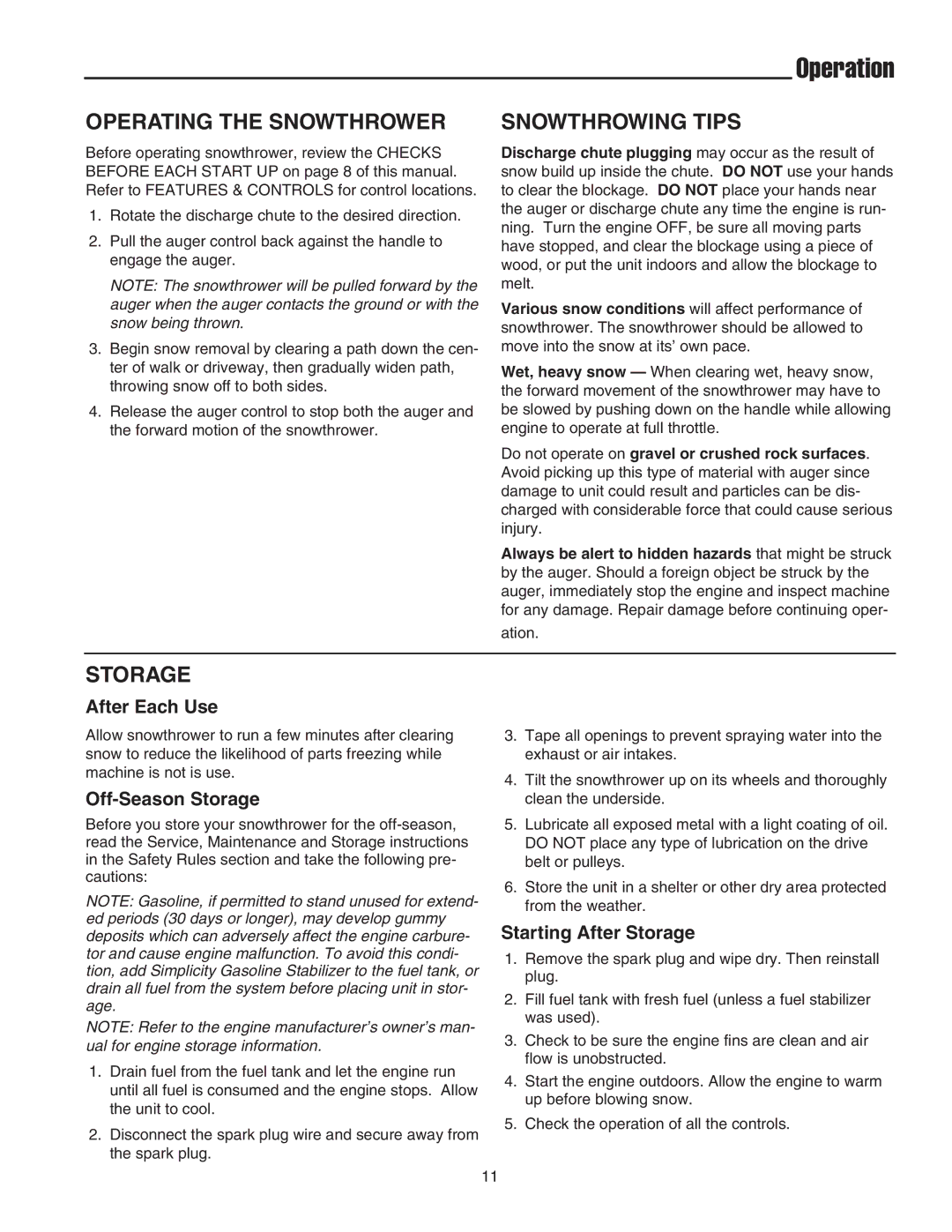 Simplicity 1694383 319E, 1694382 319M instruction sheet Operating the Snowthrower, Snowthrowing Tips, Storage 