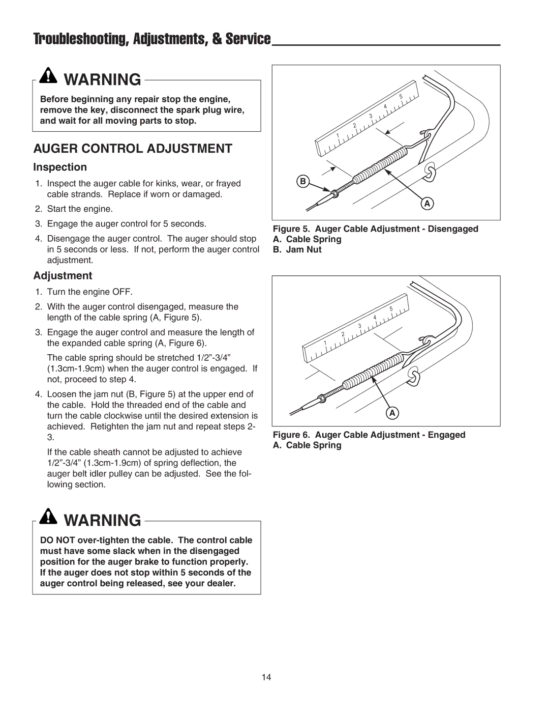 Simplicity 1694382 319M, 1694383 319E Troubleshooting, Adjustments, & Service, Auger Control Adjustment, Inspection 