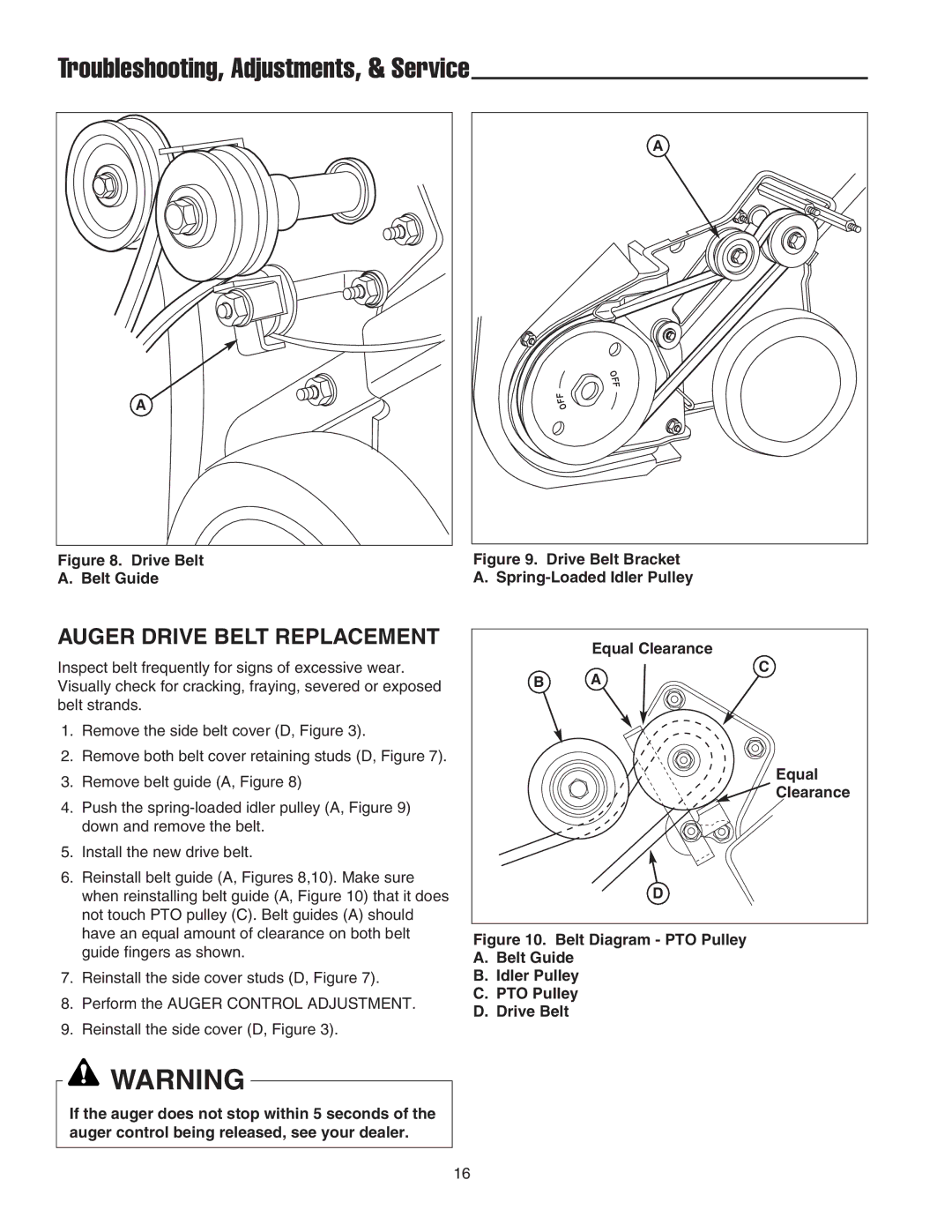 Simplicity 1694382 319M, 1694383 319E instruction sheet Auger Drive Belt Replacement, Equal Clearance 