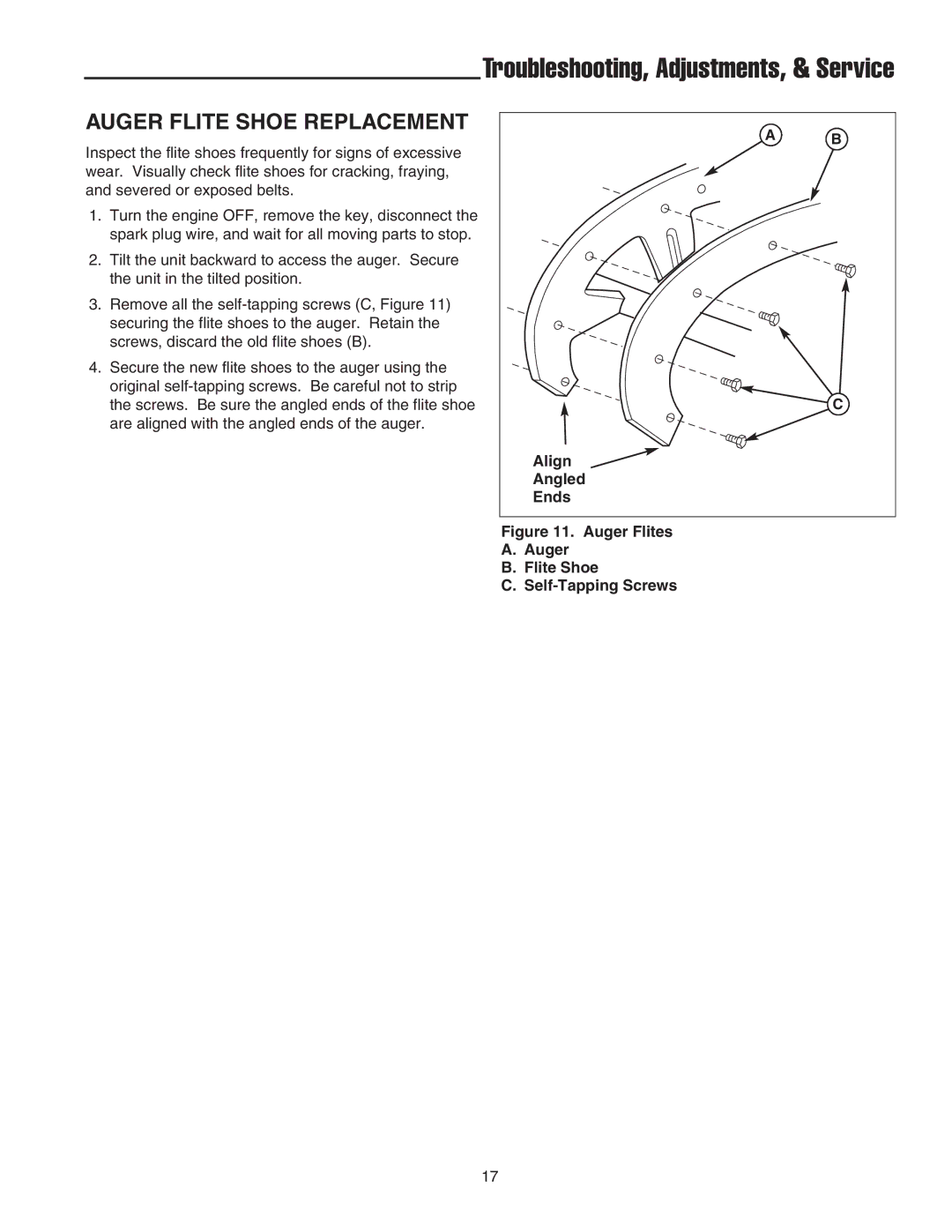 Simplicity 1694383 319E, 1694382 319M instruction sheet Auger Flite Shoe Replacement, Align Angled Ends 