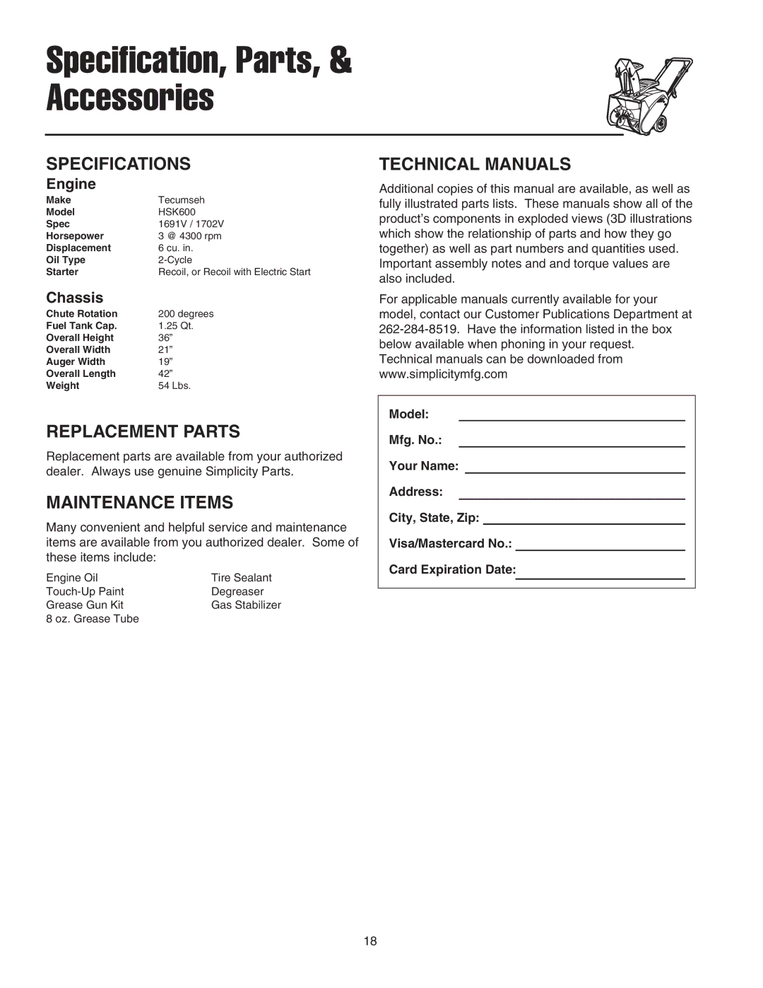 Simplicity 1694382 319M, 1694383 319E Specifications, Replacement Parts, Maintenance Items, Technical Manuals 