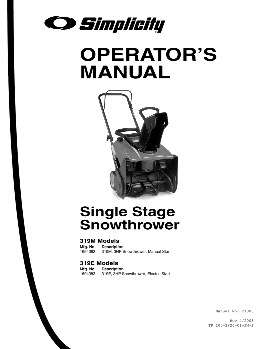 Simplicity 1694383 319E, 1694382 319M instruction sheet 319M Models, 319E Models 