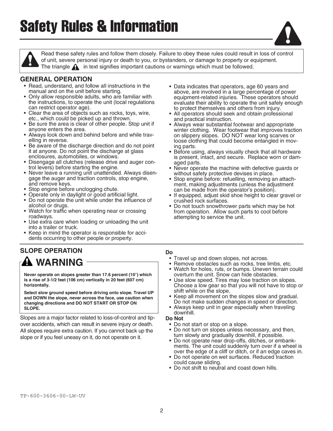 Simplicity 1694382 319M, 1694383 319E Safety Rules & Information, General Operation, Slope Operation, Do Not 