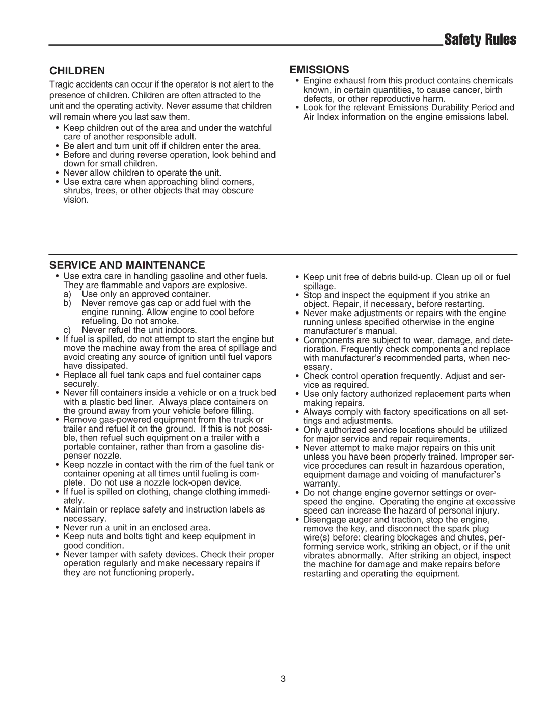 Simplicity 1694383 319E, 1694382 319M instruction sheet Safety Rules, Children, Emissions, Service and Maintenance 