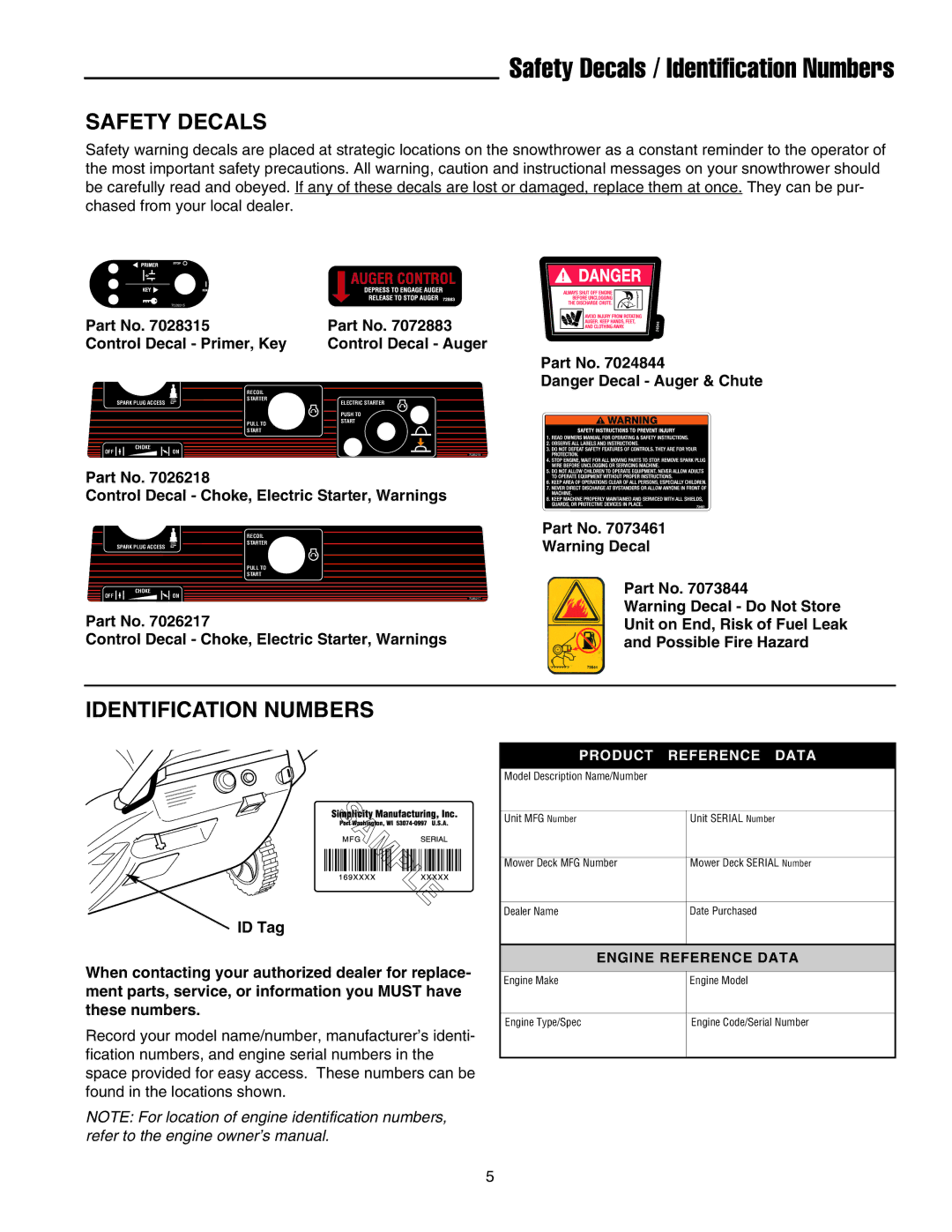 Simplicity 1694383 319E, 1694382 319M instruction sheet Safety Decals / Identification Numbers 