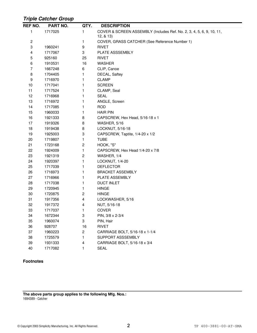Simplicity 1694389 manual REF no QTY Description, Footnotes 