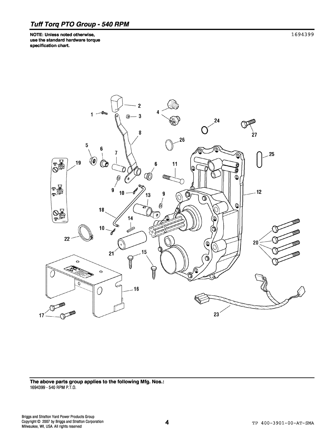 Simplicity 1694399 manual Tuff Torq PTO Group - 540 RPM, NOTE: Unless noted otherwise 