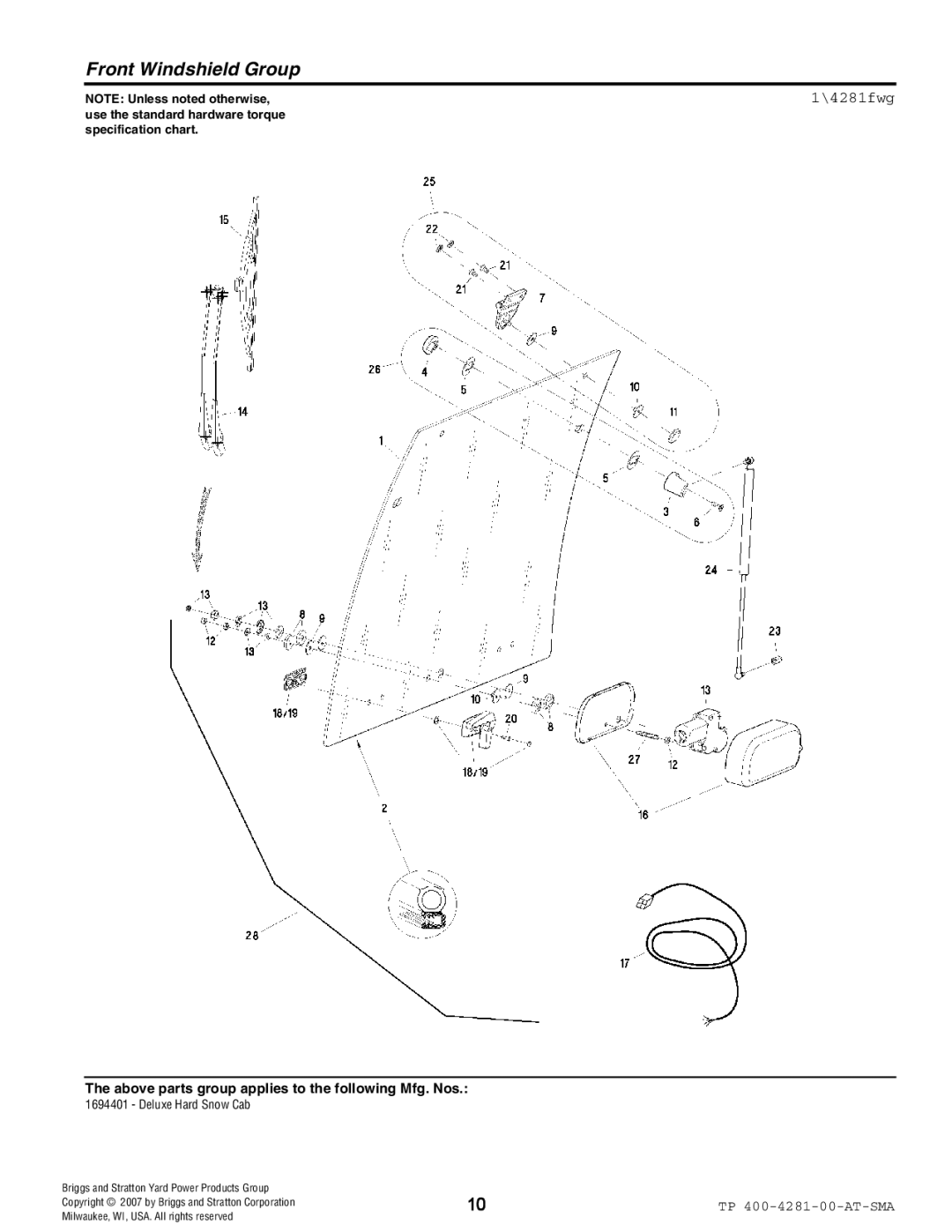 Simplicity 1694401 manual Front Windshield Group, 4281fwg 