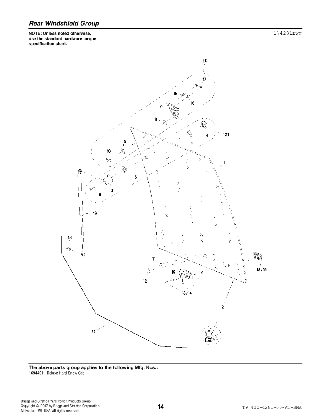 Simplicity 1694401 manual Rear Windshield Group, 4281rwg 