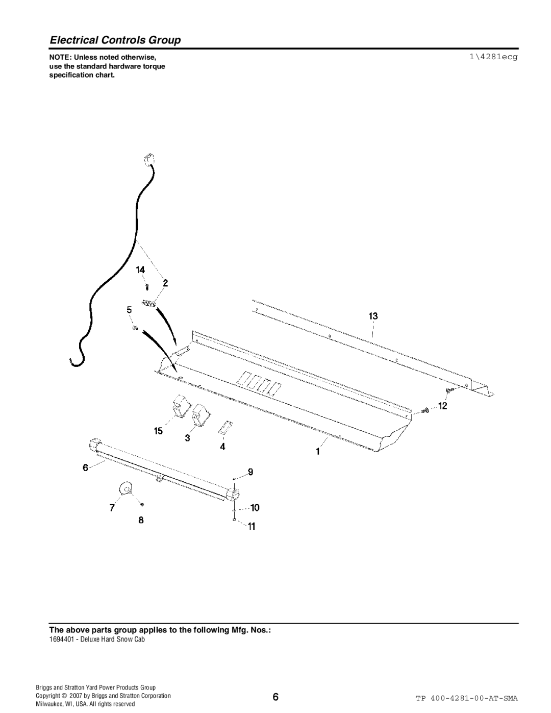 Simplicity 1694401 manual Electrical Controls Group, 4281ecg 