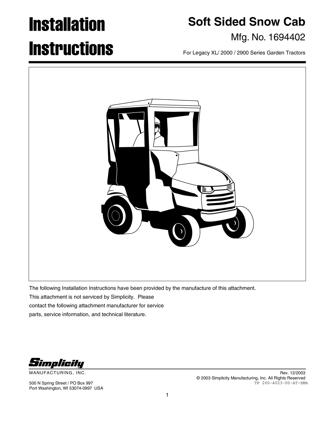 Simplicity 1694402 installation instructions Installation Instructions 