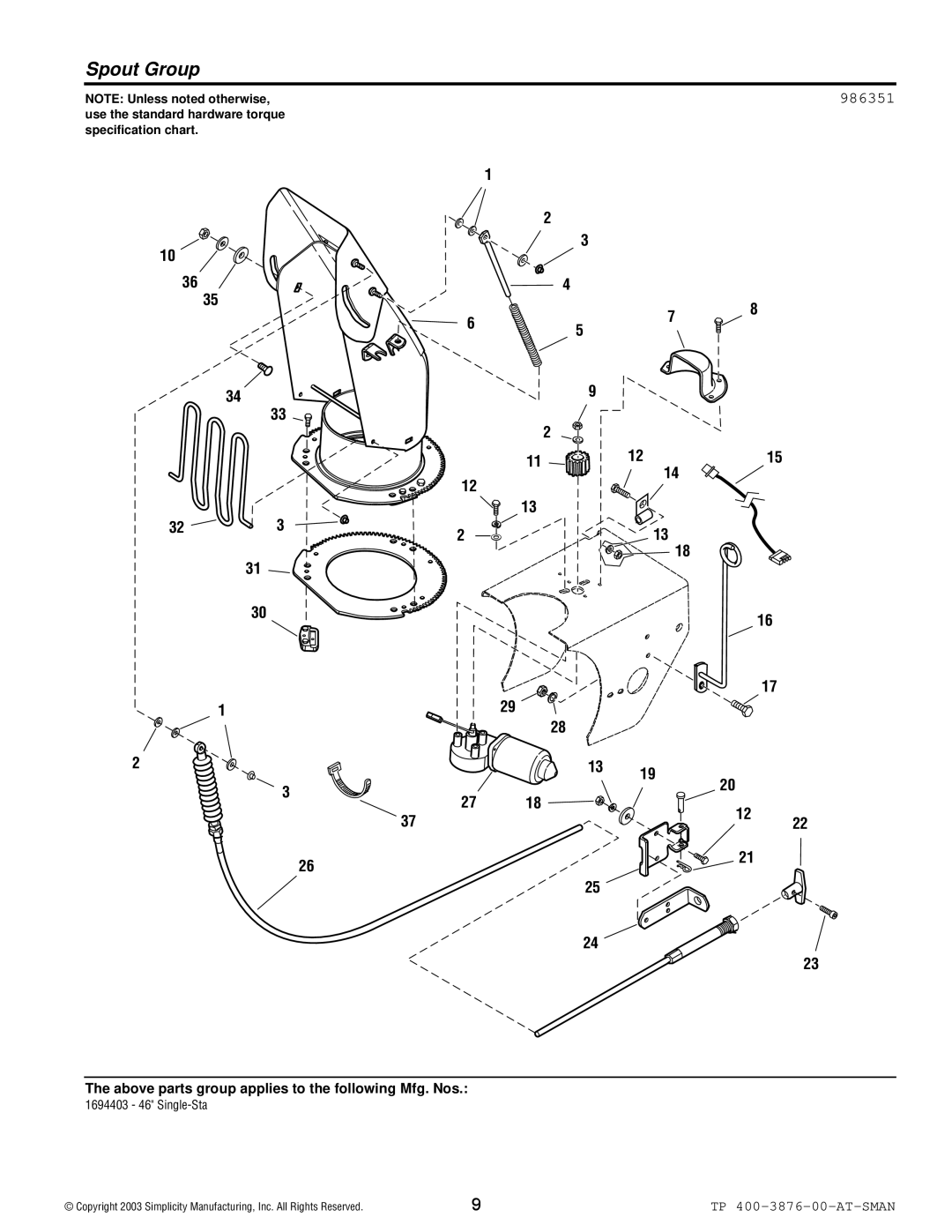 Simplicity 1694403 manual Spout Group, 986351 