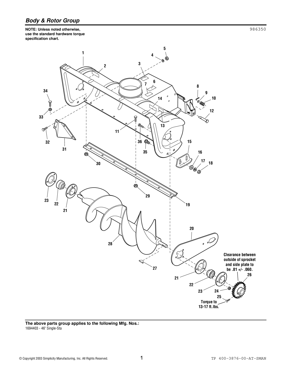 Simplicity 1694403 manual Body & Rotor Group, 986350 