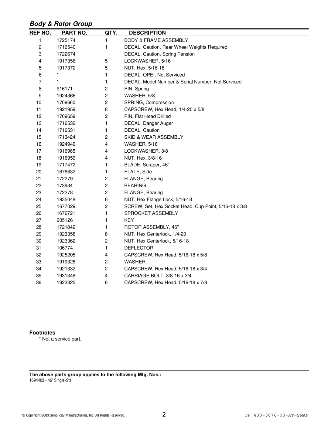 Simplicity 1694403 Body & Frame Assembly, LOCKWASHER, 5/16, WASHER, 5/8, Skid & Wear Assembly, LOCKWASHER, 3/8, Bearing 