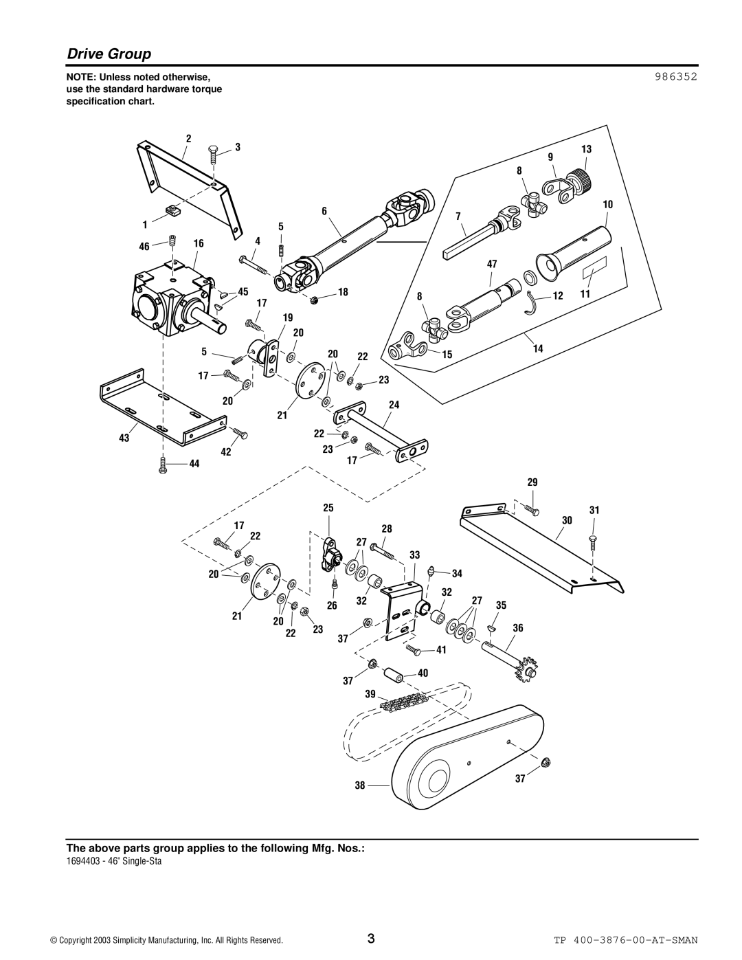 Simplicity 1694403 manual Drive Group, 986352 