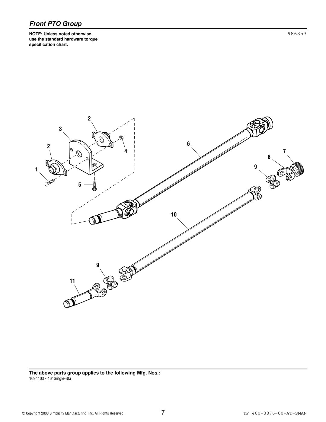 Simplicity 1694403 manual Front PTO Group, 986353 