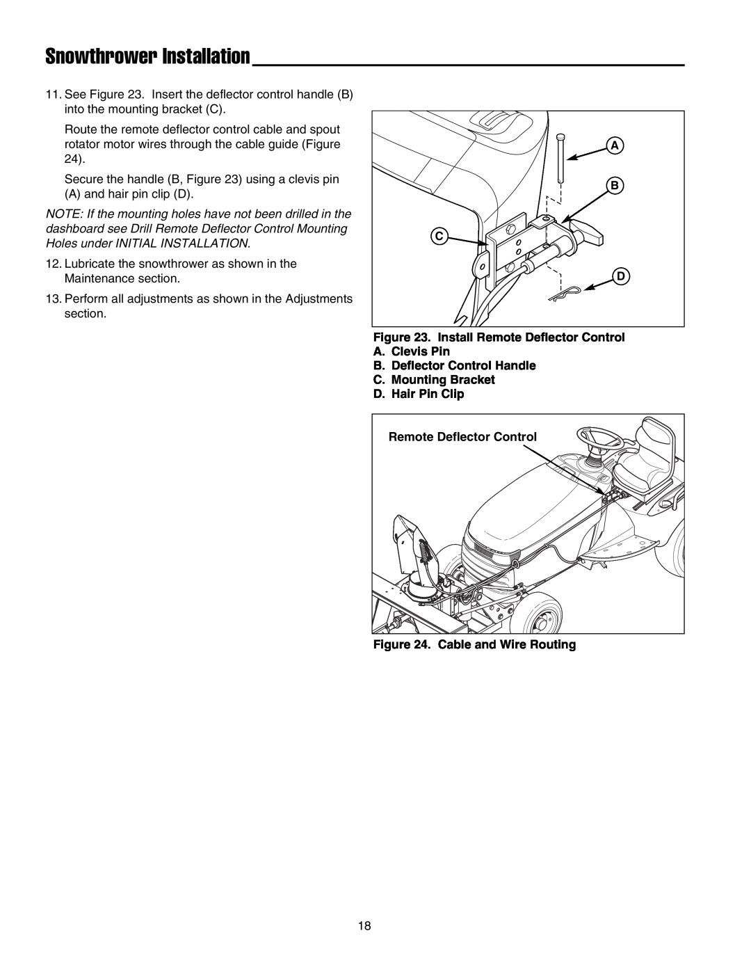 Simplicity 1694404 Snowthrower Installation, A B C D, Install Remote Deflector Control, C.Mounting Bracket D.Hair Pin Clip 