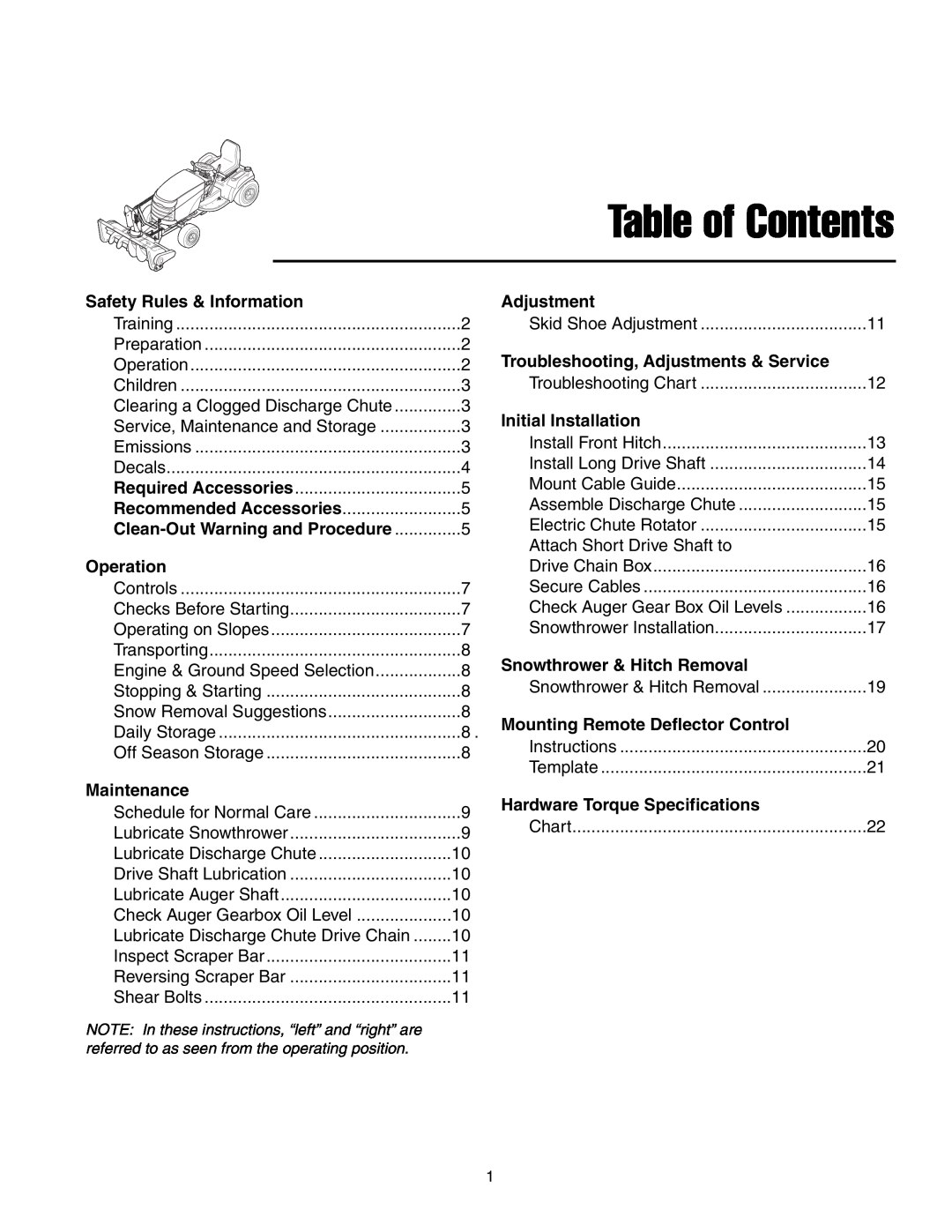 Simplicity 1694404 Table of Contents, Safety Rules & Information, Operation, Maintenance, Adjustment, Initial Installation 