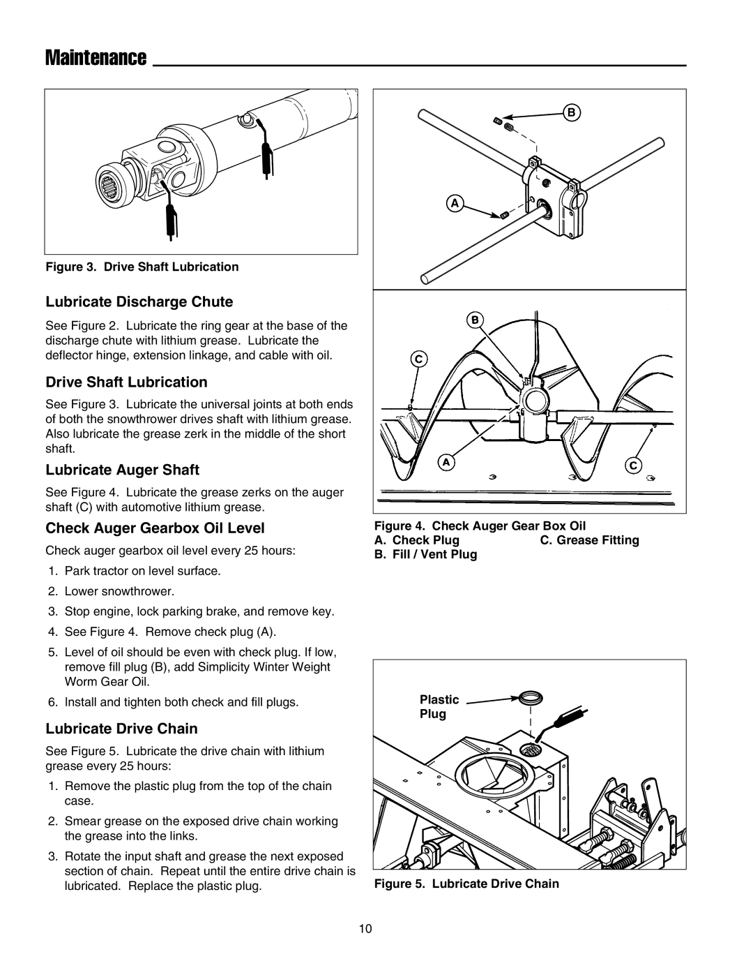 Simplicity 1694404 manual Lubricate Discharge Chute, Drive Shaft Lubrication, Lubricate Auger Shaft, Lubricate Drive Chain 