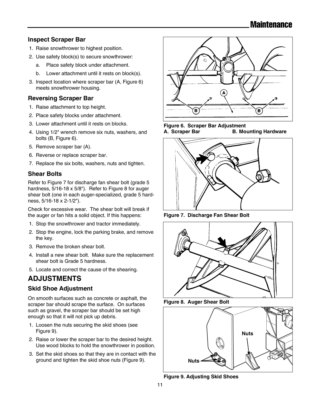 Simplicity 1694404 manual Adjustments, Inspect Scraper Bar, Reversing Scraper Bar, Shear Bolts, Skid Shoe Adjustment 