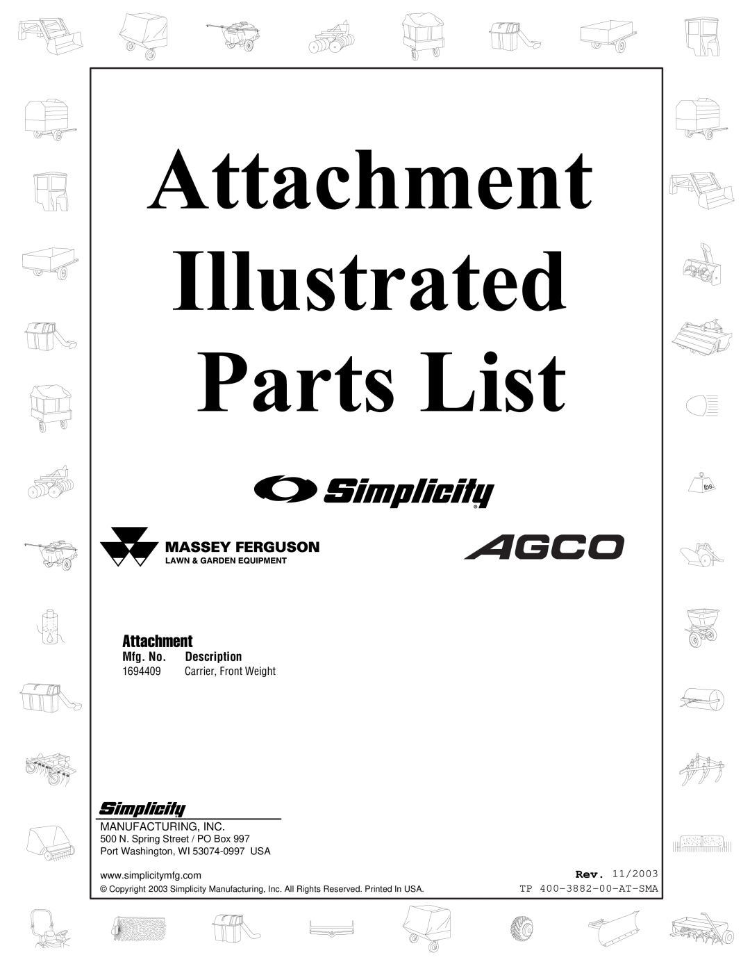 Simplicity 1694409 manual Mfg. No. Description, Rev. 11/2003, TP 400-3882-00-AT-SMA, Attachment Illustrated Parts List 