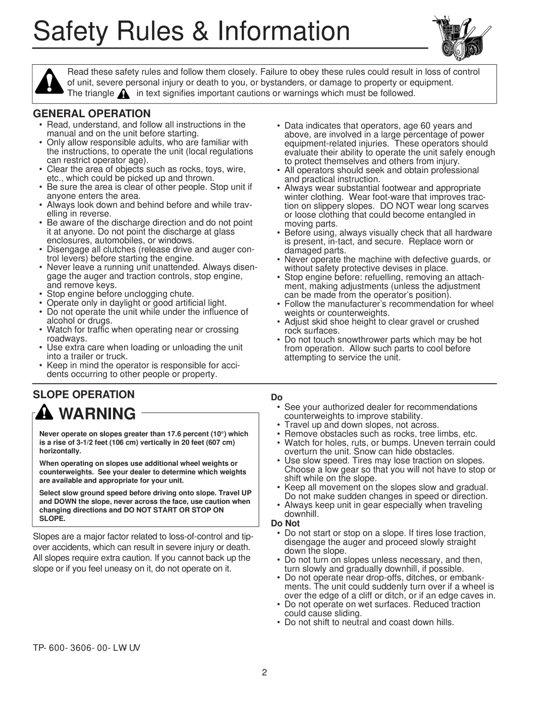 Simplicity 1694241, 1694436, 1694440, 1694438, 1693656 Safety Rules & Information, General Operation, Slope Operation, Do Not 