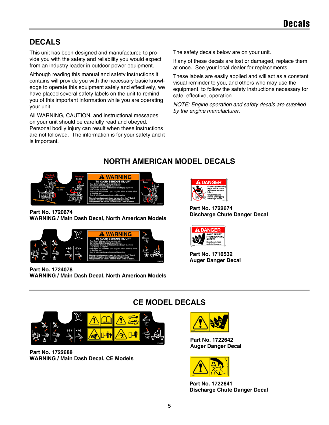 Simplicity 1693654, 1390 North American Model Decals, CE Model Decals, Auger Danger Decal Discharge Chute Danger Decal 