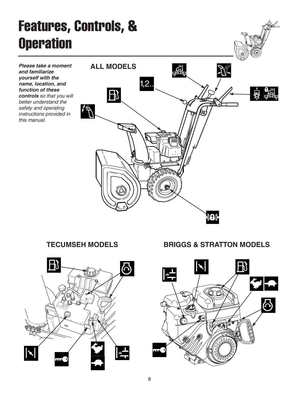 Simplicity 1693985, 1694439, 1694242, 1693984, 1694435 Features, Controls, & Operation, ALL Models Tecumseh Models 