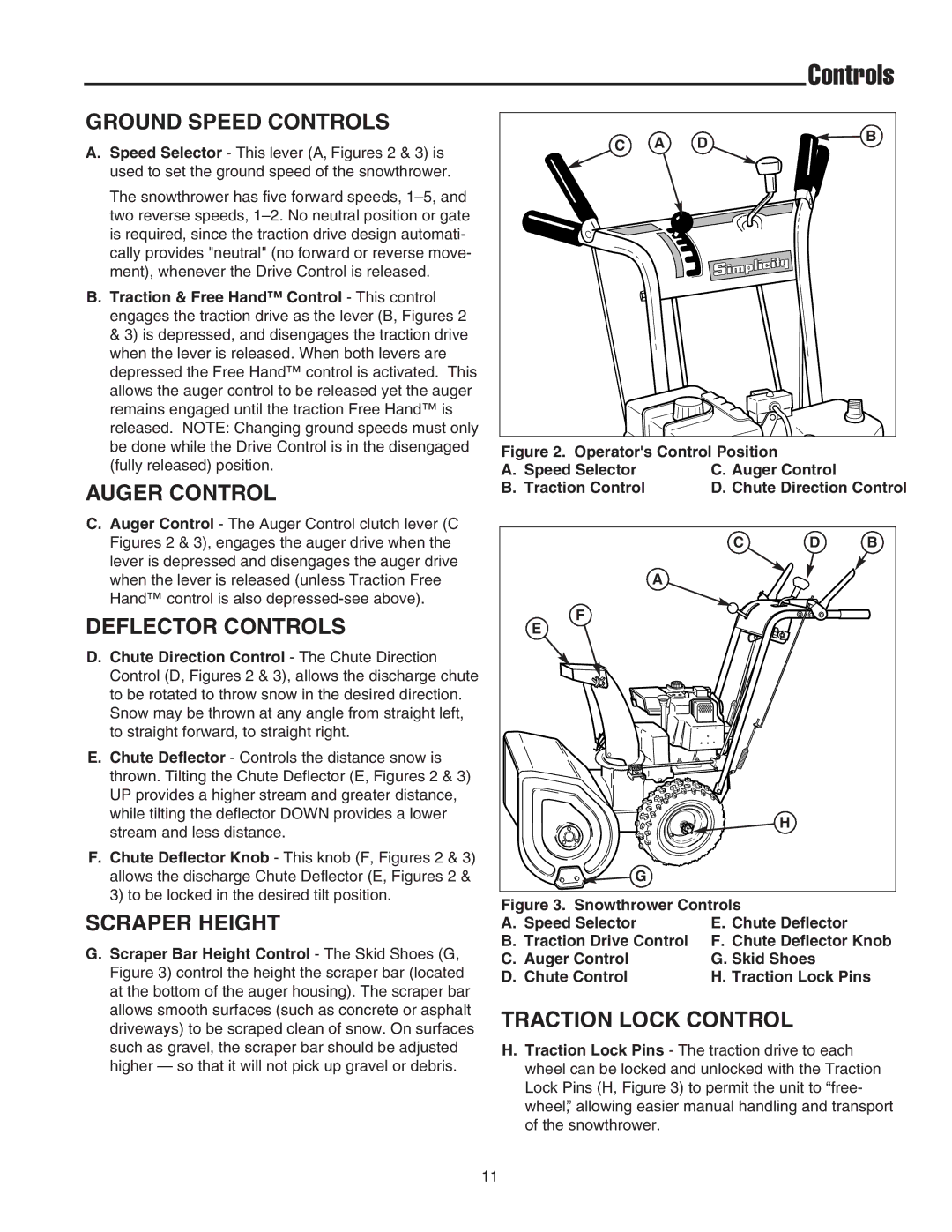 Simplicity 1694439 Ground Speed Controls, Auger Control, Deflector Controls, Scraper Height, Traction Lock Control 