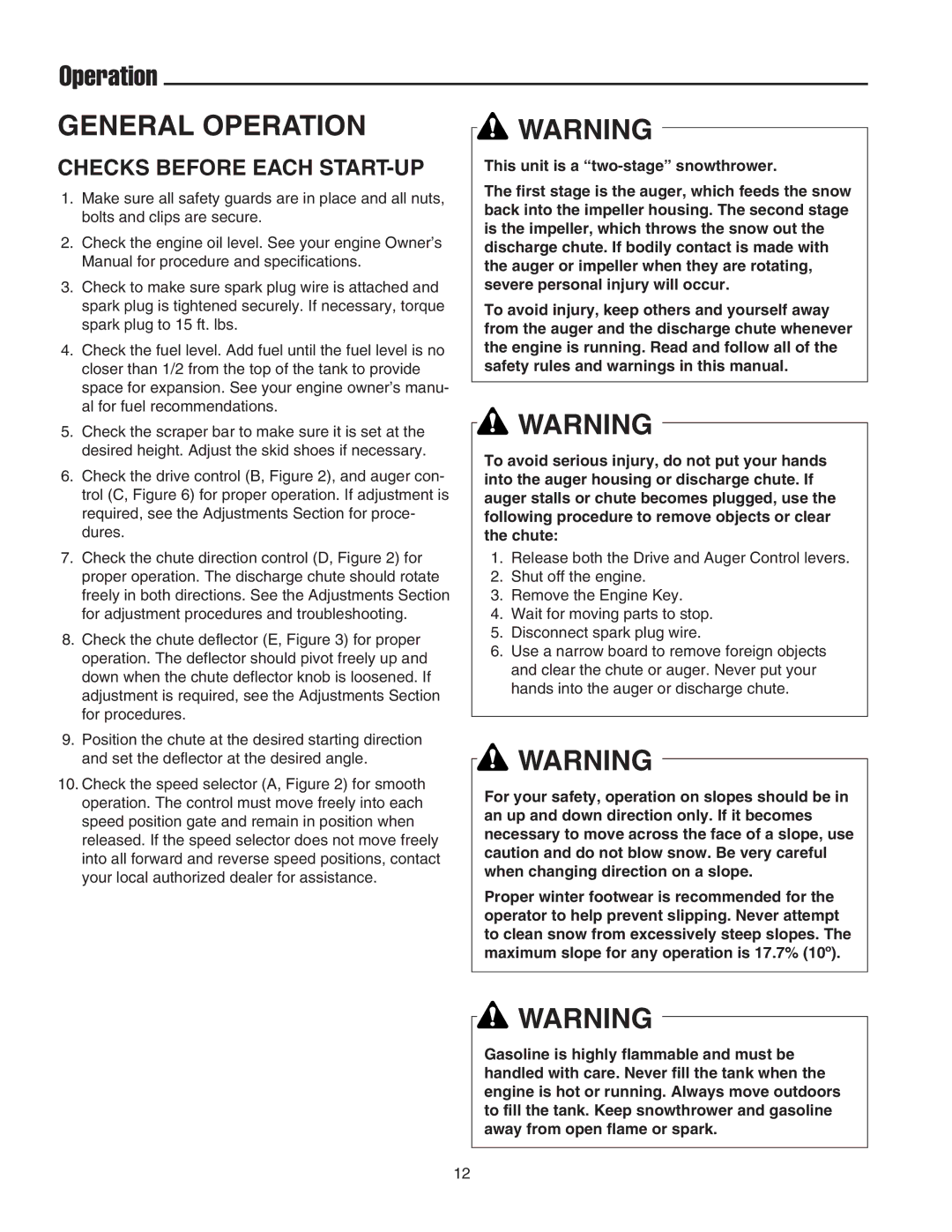 Simplicity 1694242, 1694439, 1693985, 1693984, 1694435 instruction sheet Operation, Checks Before Each START-UP 