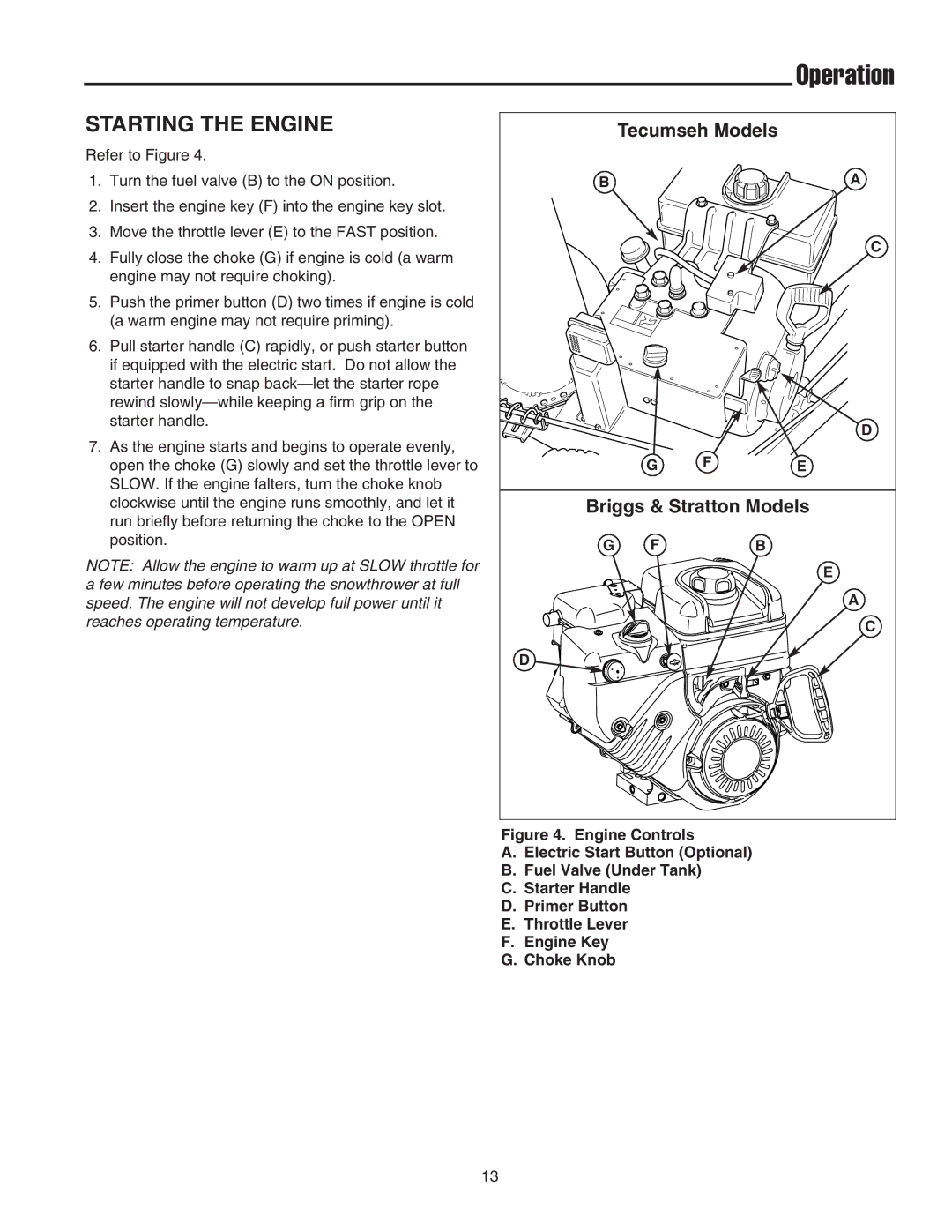 Simplicity 1693985, 1694439, 1694242, 1693984, 1694435 instruction sheet Starting the Engine, Briggs & Stratton Models 