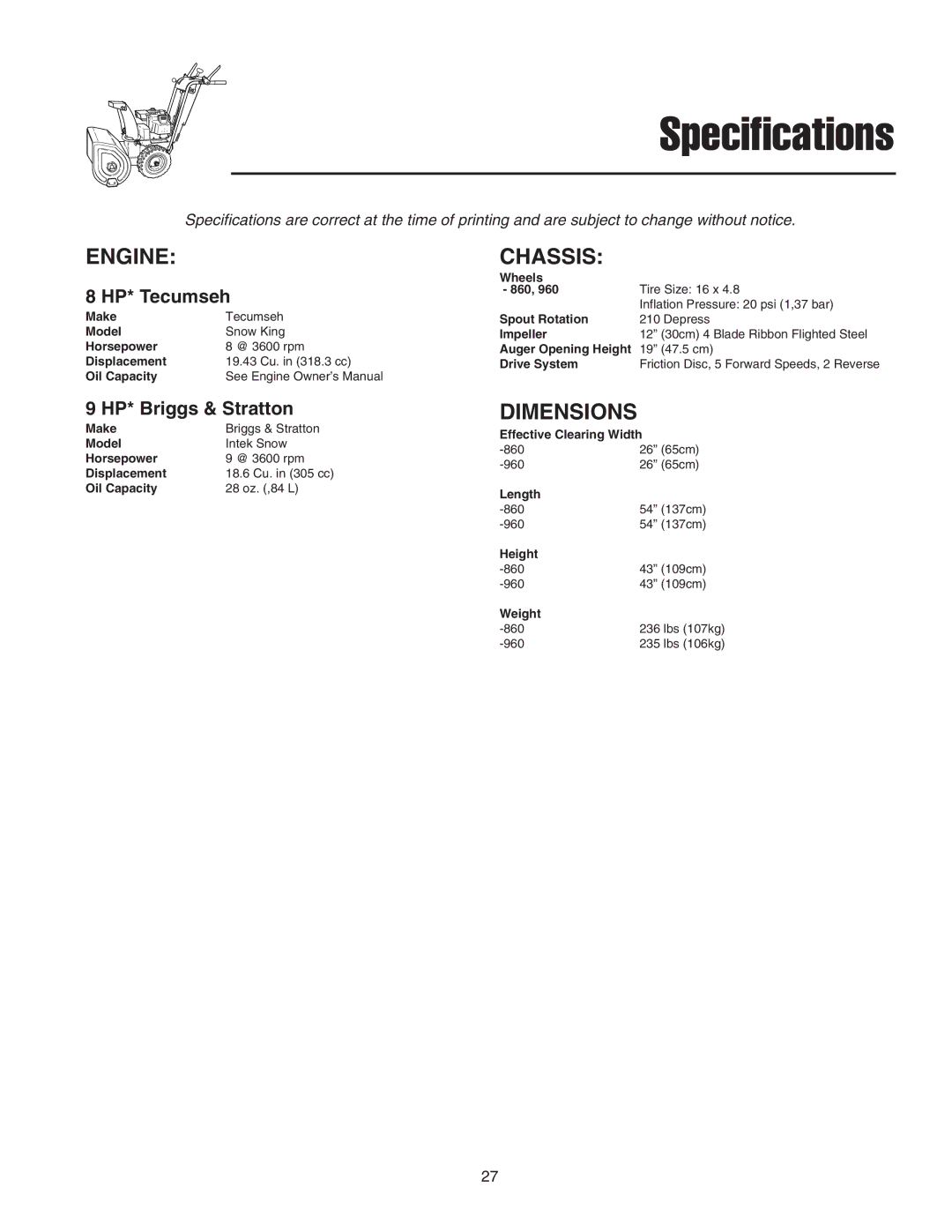 Simplicity 1694242, 1694439, 1693985, 1693984, 1694435 instruction sheet Specifications, Engine, Chassis, Dimensions 