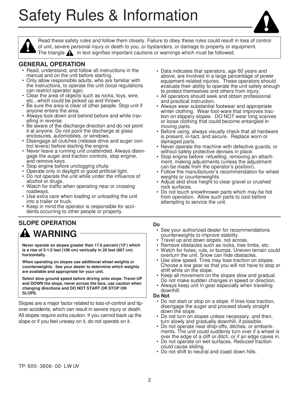 Simplicity 1694242, 1694439, 1693985, 1693984, 1694435 Safety Rules & Information, General Operation, Slope Operation, Do Not 