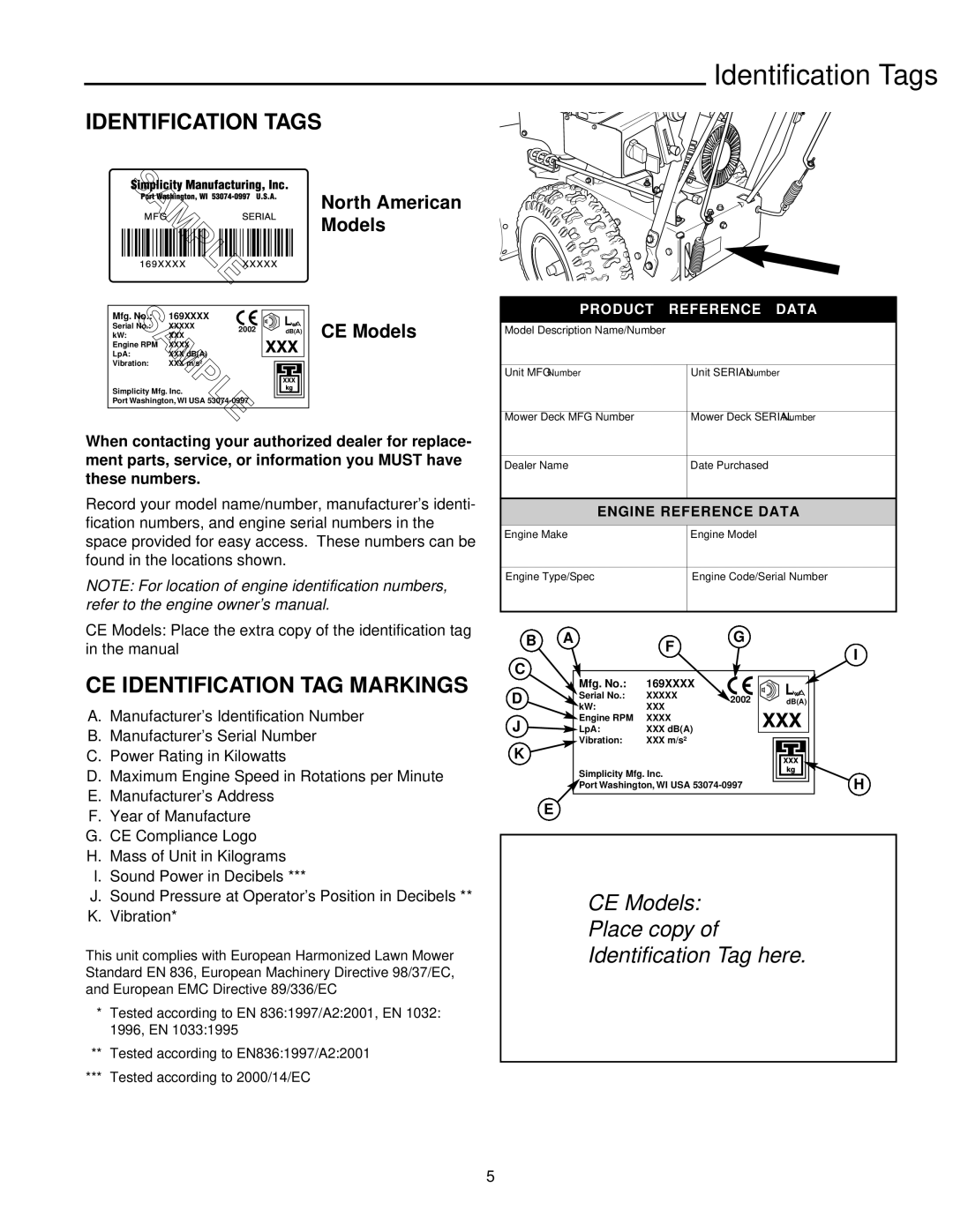 Simplicity 1694435, 1694439, 1694242, 1693985, 1693984 instruction sheet Identification Tags, CE Identification TAG Markings 