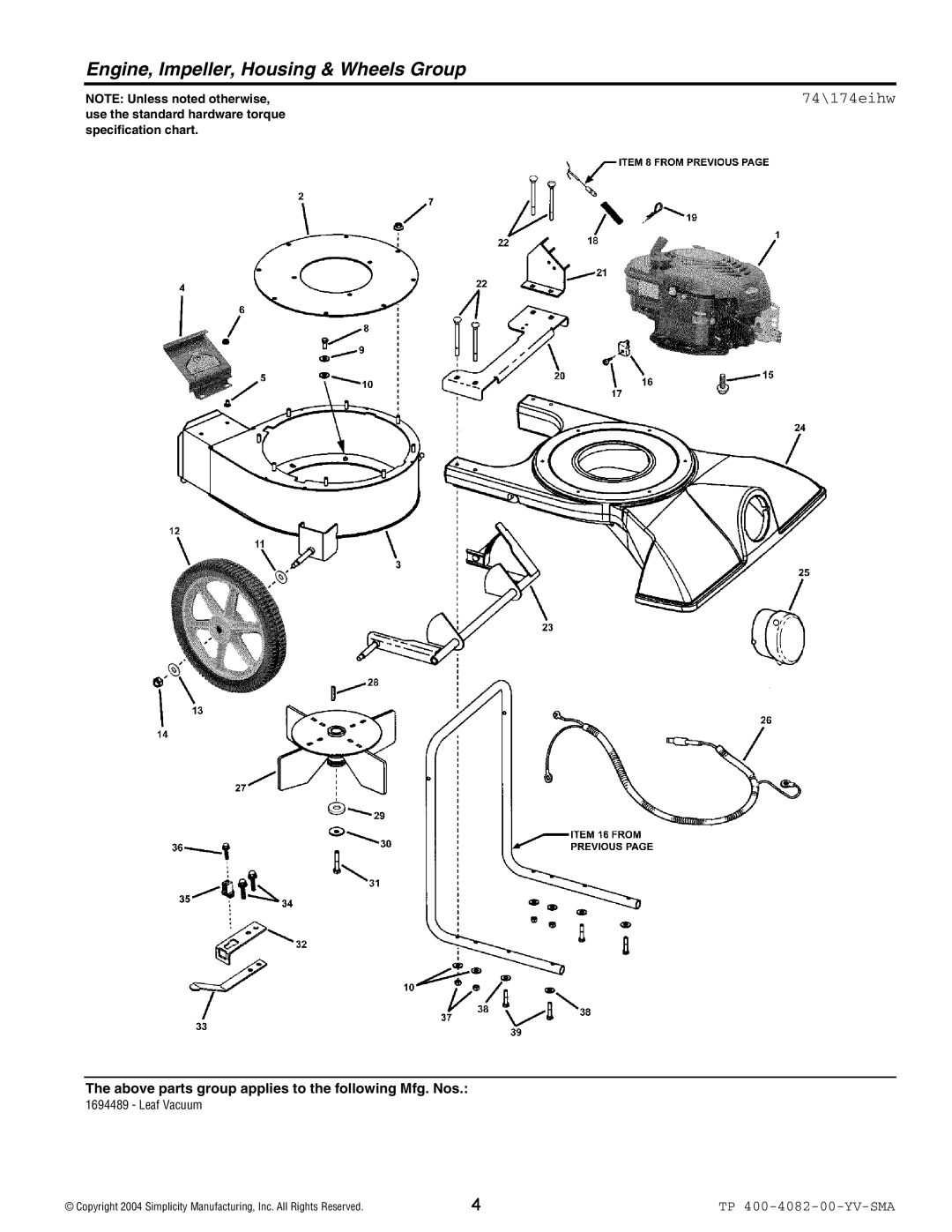 Simplicity 1694489 manual Engine, Impeller, Housing & Wheels Group, 74\174eihw 