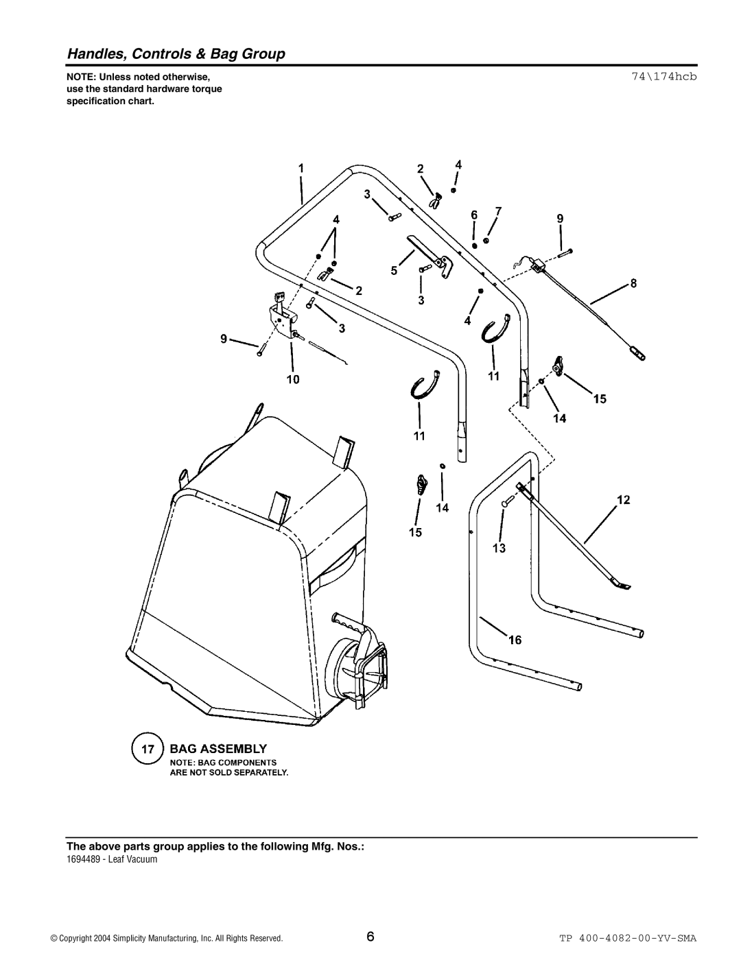 Simplicity 1694489 manual Handles, Controls & Bag Group, 74\174hcb 