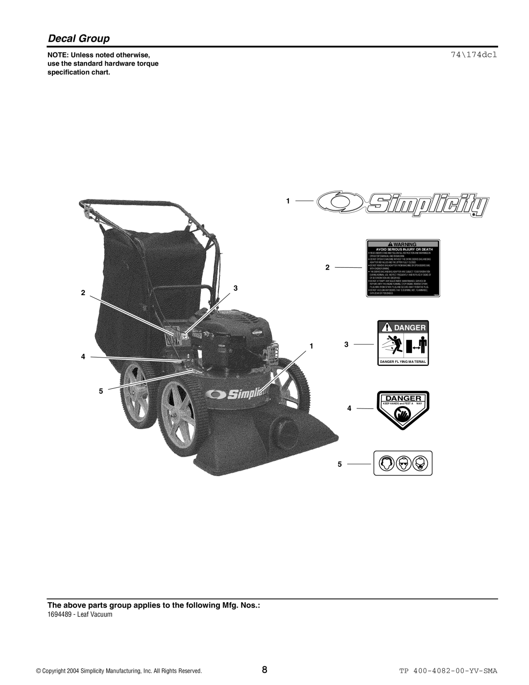 Simplicity 1694489 manual Decal Group, 74\174dcl 