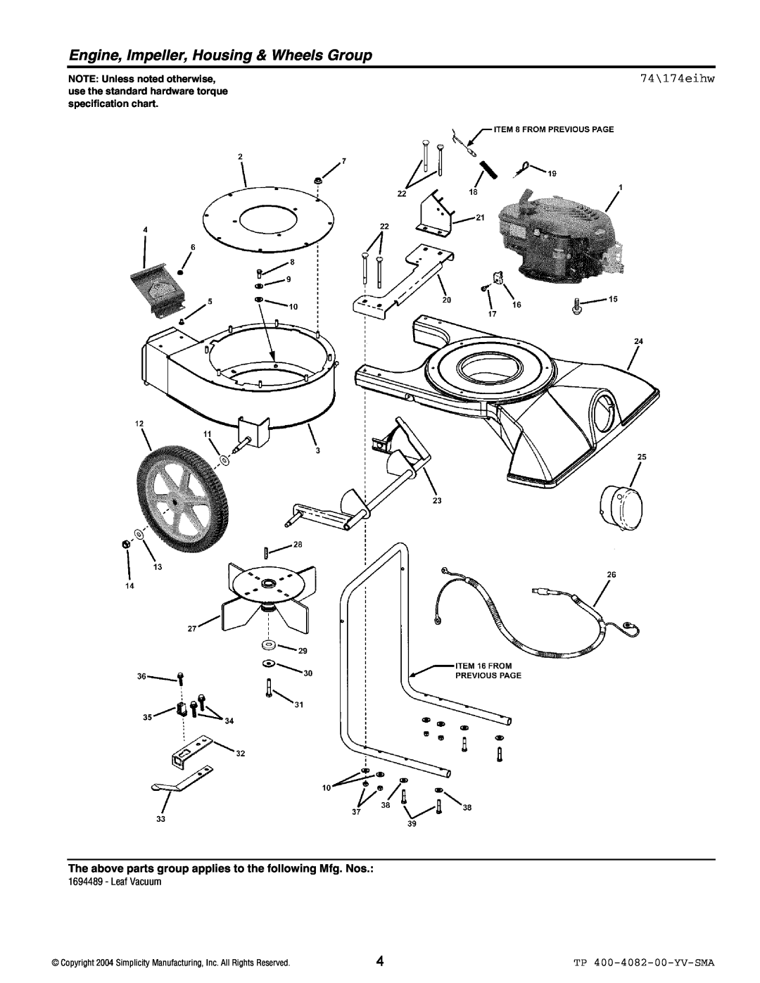 Simplicity 1694489 manual Engine, Impeller, Housing & Wheels Group, 74\174eihw, TP 400-4082-00-YV-SMA, specification chart 