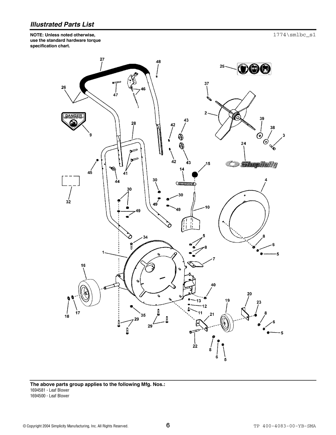 Simplicity 1694500, 1694581 manual Illustrated Parts List 