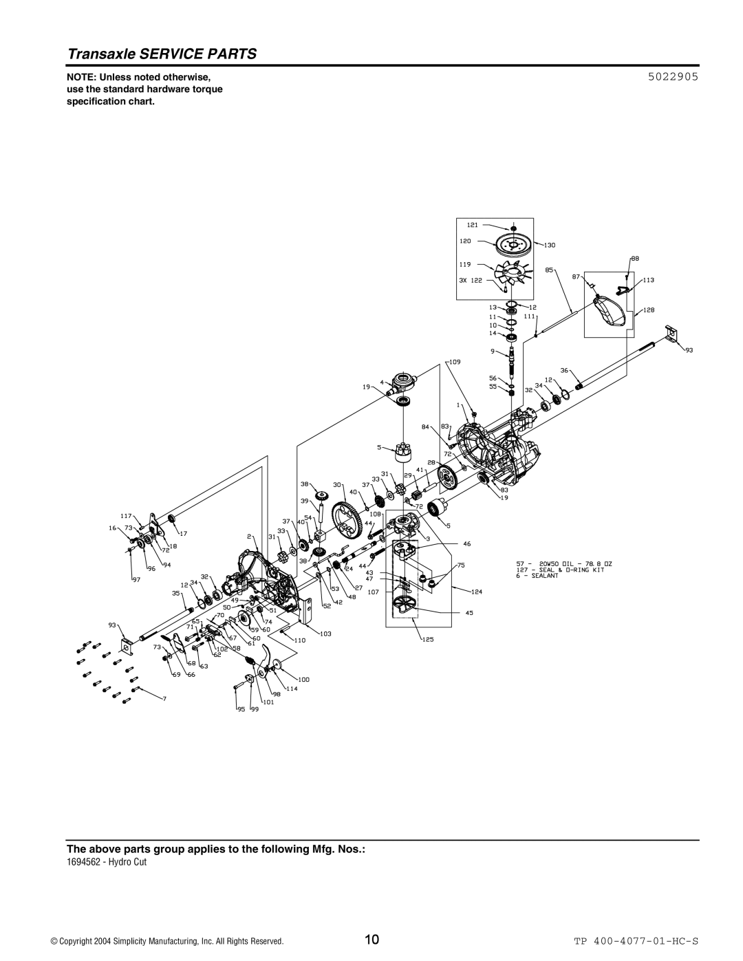 Simplicity 1694562, Hydro Cut Series manual Transaxle Service Parts, 5022905 