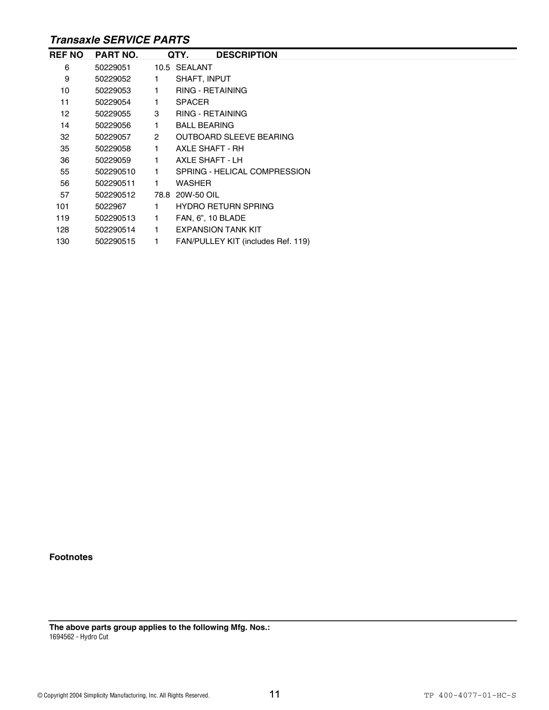 Simplicity Hydro Cut Series Sealant, SHAFT, Input, Ring Retaining, Ball Bearing, Outboard Sleeve Bearing, Axle Shaft RH 