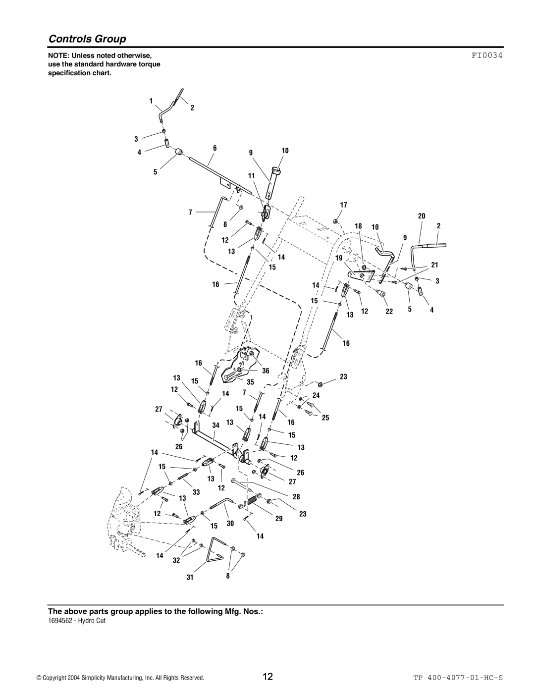 Simplicity 1694562, Hydro Cut Series manual Controls Group, FI0034 