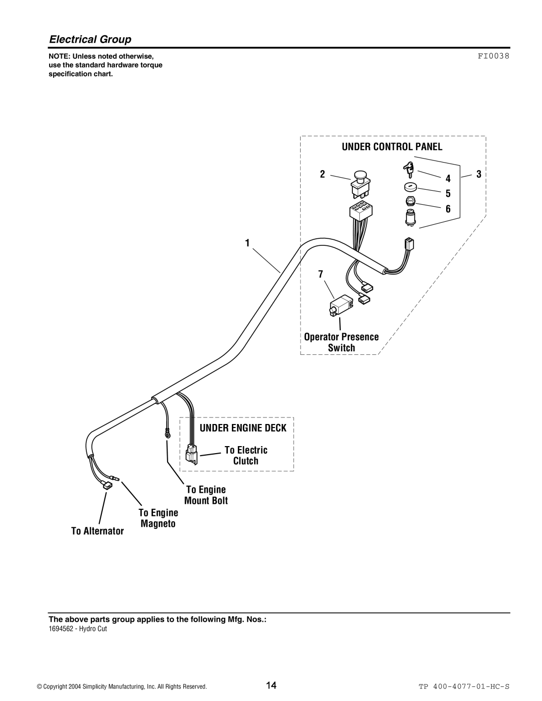 Simplicity 1694562, Hydro Cut Series manual Electrical Group, FI0038 