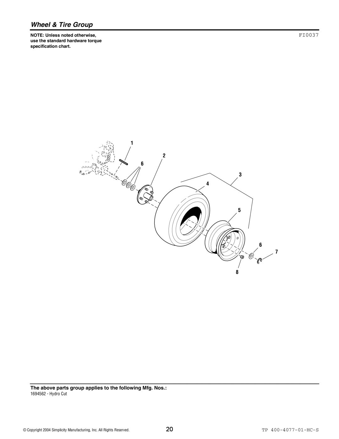 Simplicity 1694562, Hydro Cut Series manual Wheel & Tire Group, FI0037 