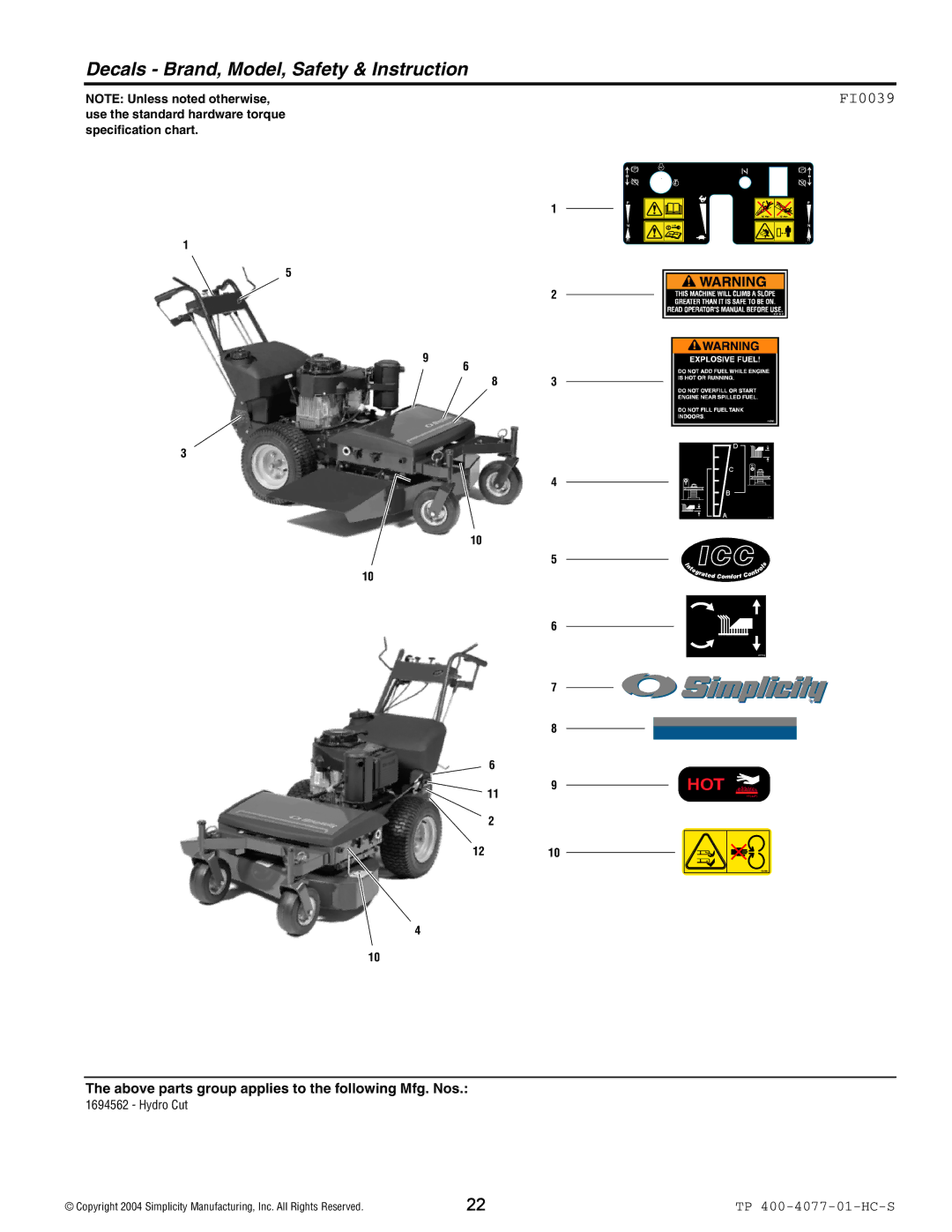 Simplicity 1694562, Hydro Cut Series manual Decals Brand, Model, Safety & Instruction, FI0039 