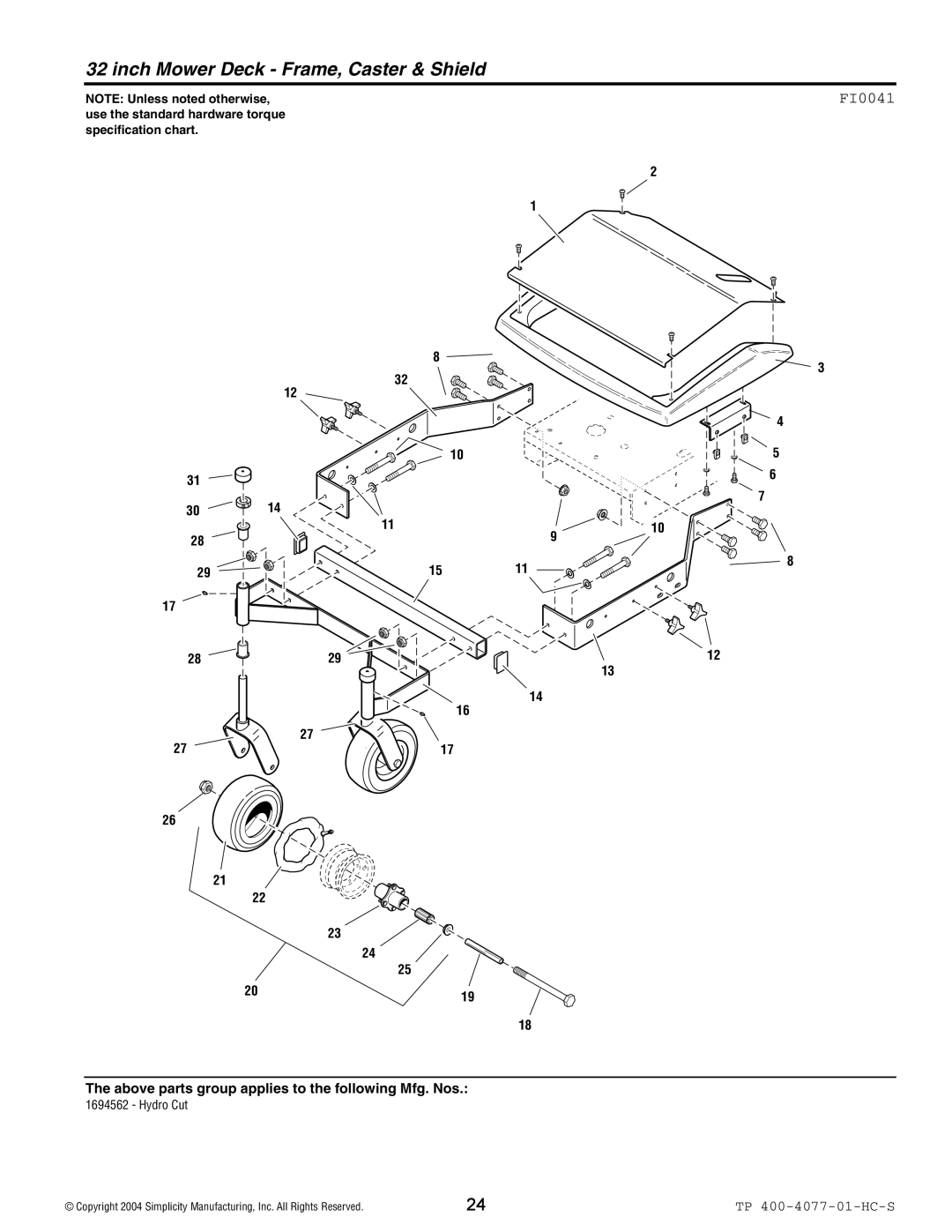 Simplicity 1694562, Hydro Cut Series manual Inch Mower Deck Frame, Caster & Shield, FI0041 