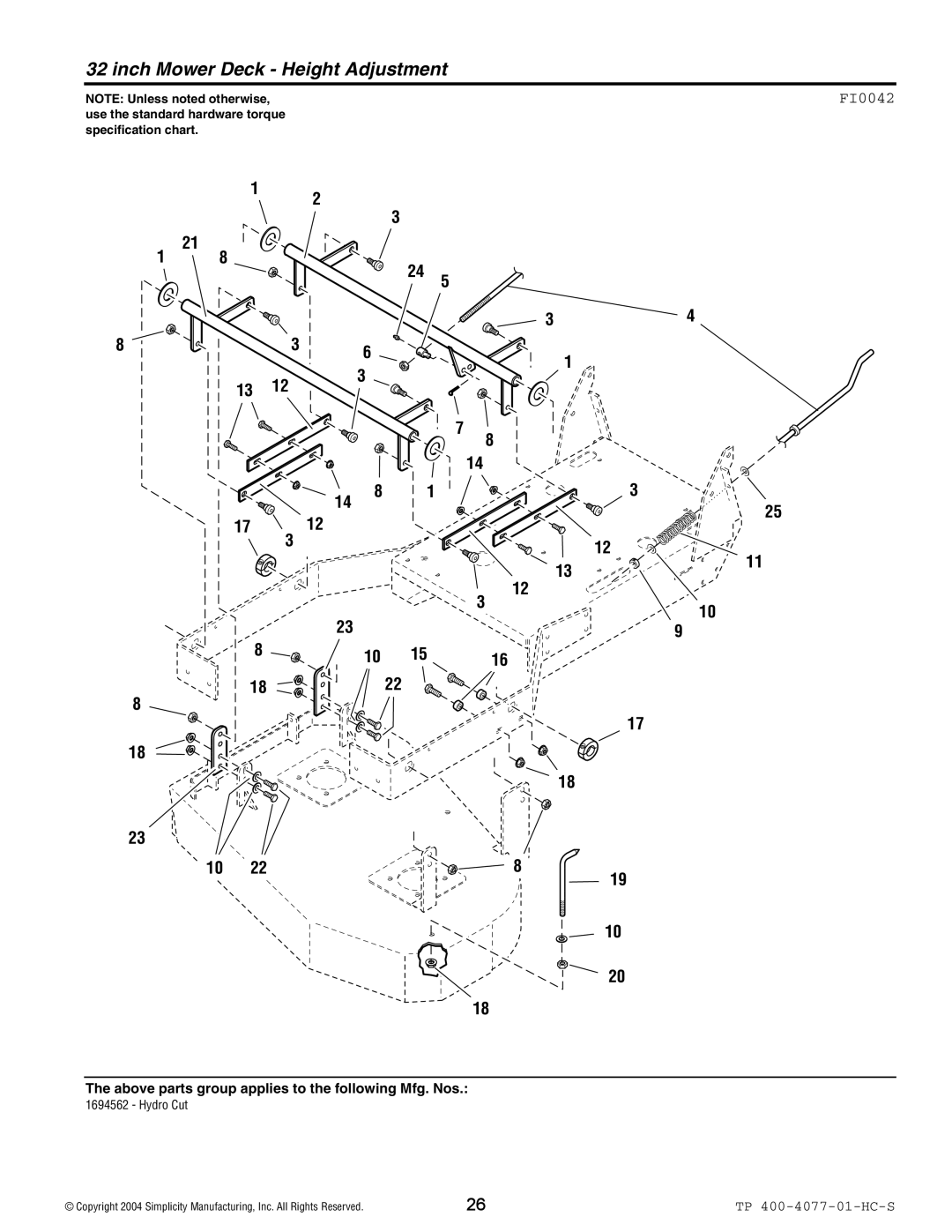 Simplicity 1694562, Hydro Cut Series manual Inch Mower Deck Height Adjustment, FI0042 