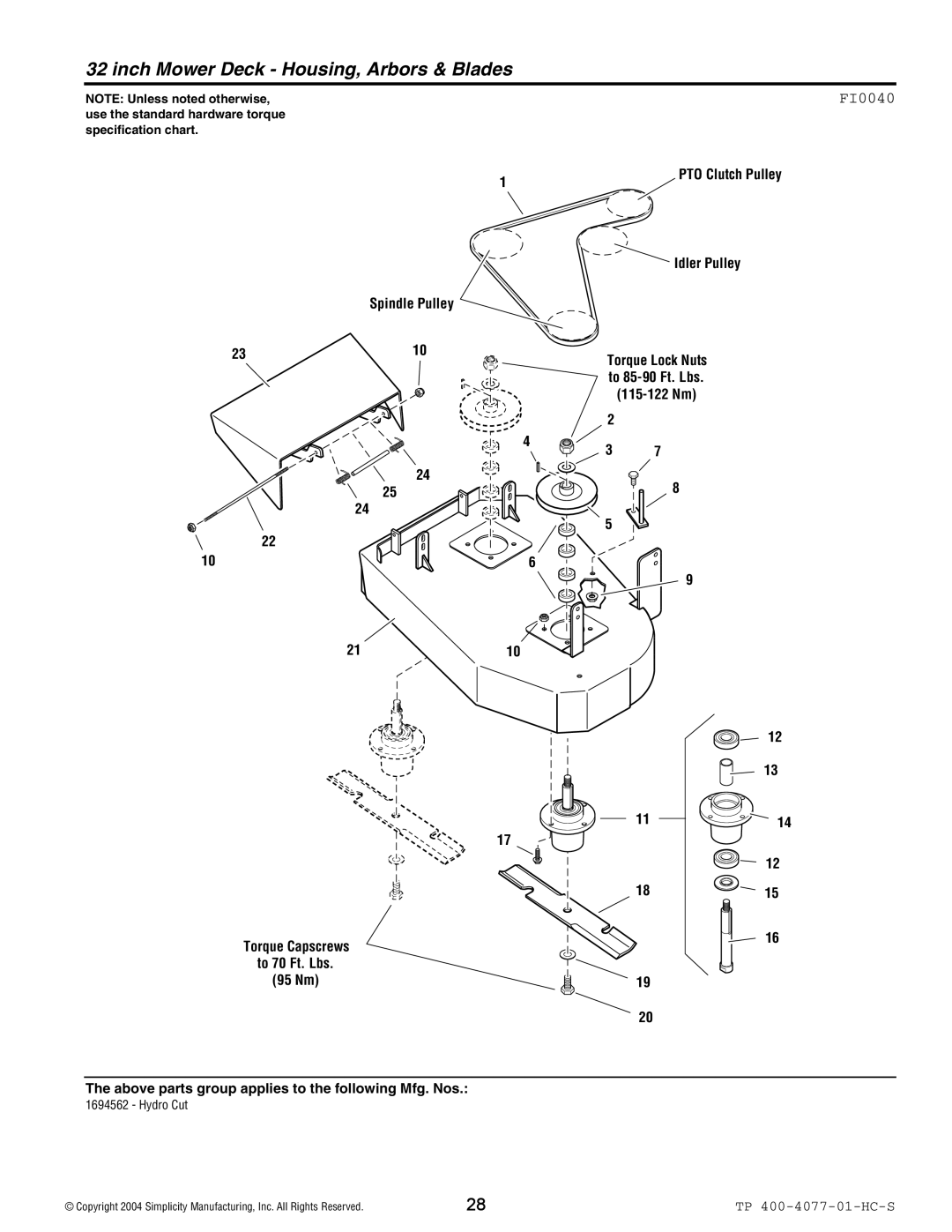 Simplicity 1694562, Hydro Cut Series manual Inch Mower Deck Housing, Arbors & Blades, FI0040 