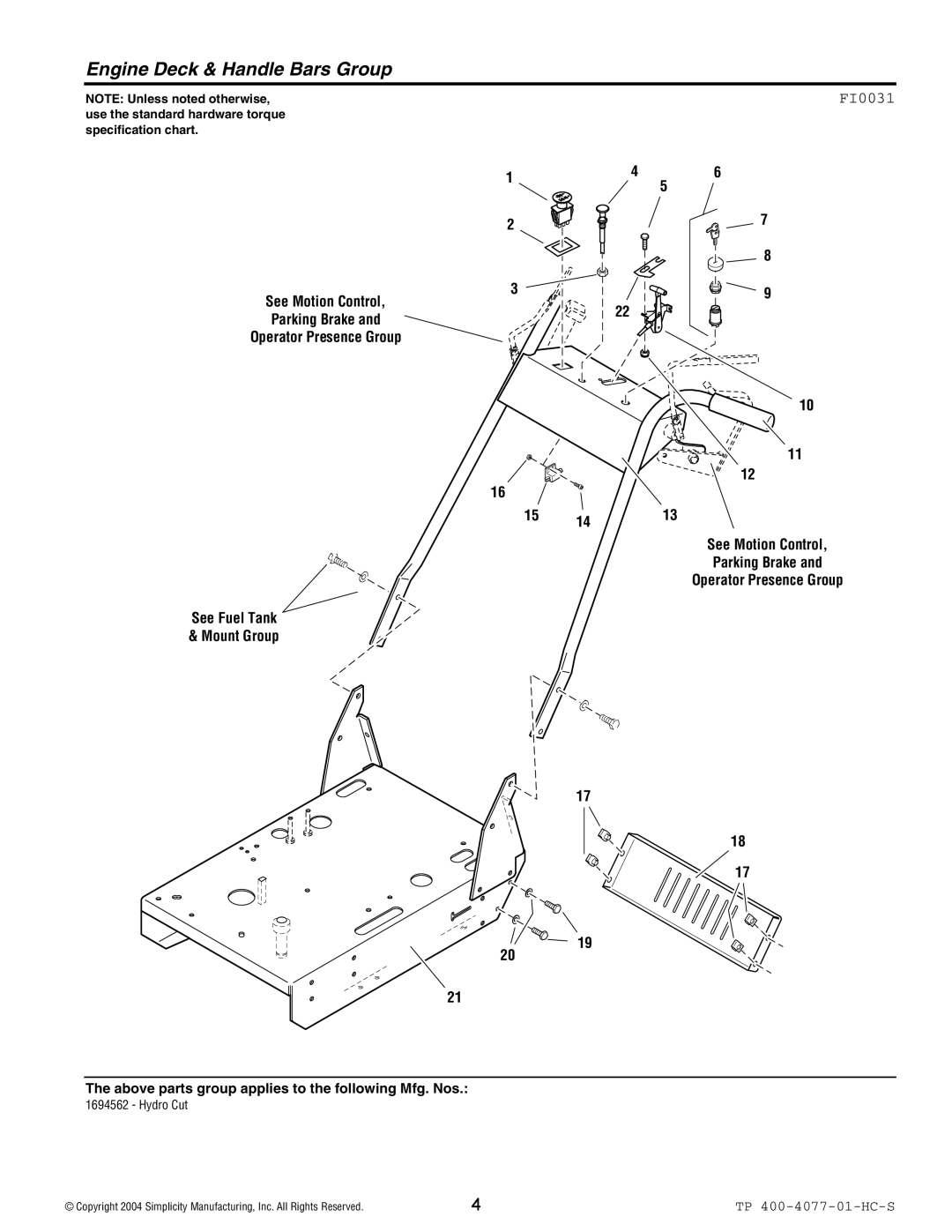 Simplicity 1694562, Hydro Cut Series manual Engine Deck & Handle Bars Group, FI0031 